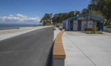 Paved trail and restrooms at Coyote Point